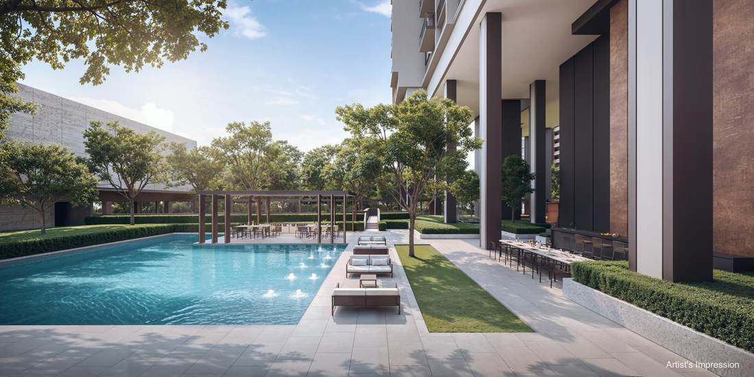 Aerial view of Hudson Place Residences showing the elevated towers and landscaped deck