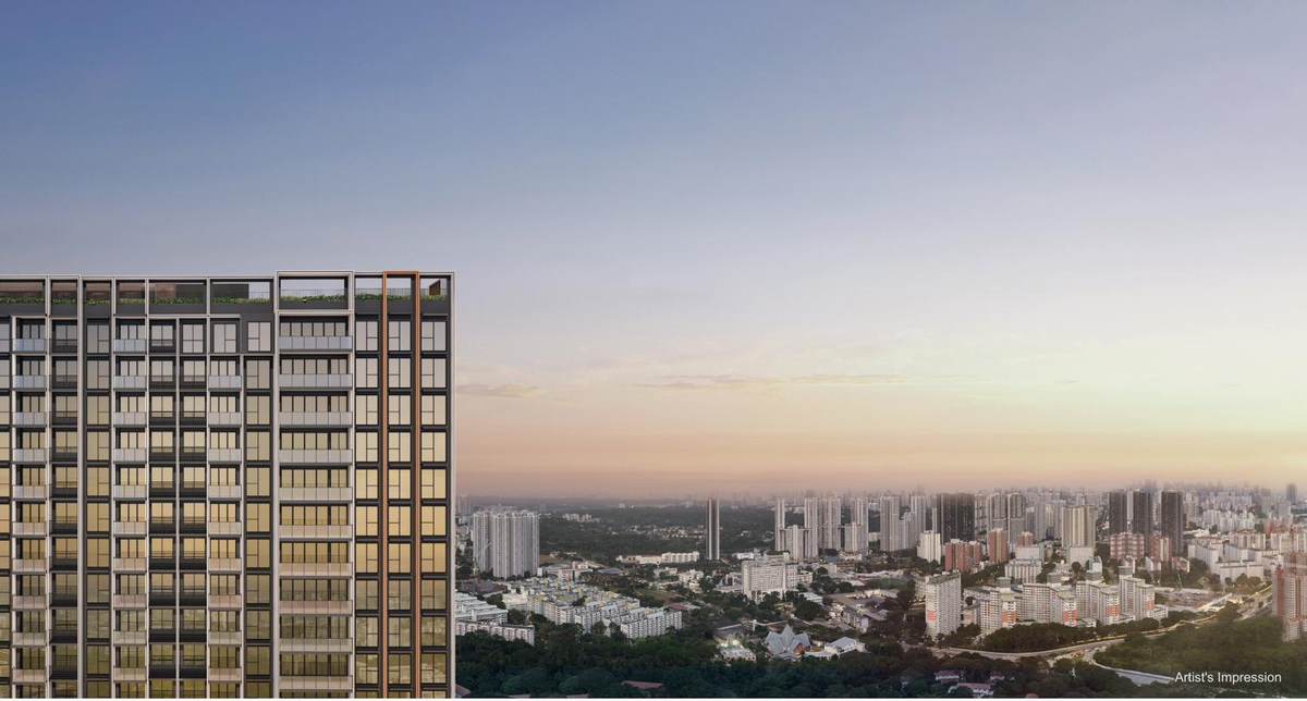 Street-level view of Hudson Place Residences' two elevated towers along Media Circle