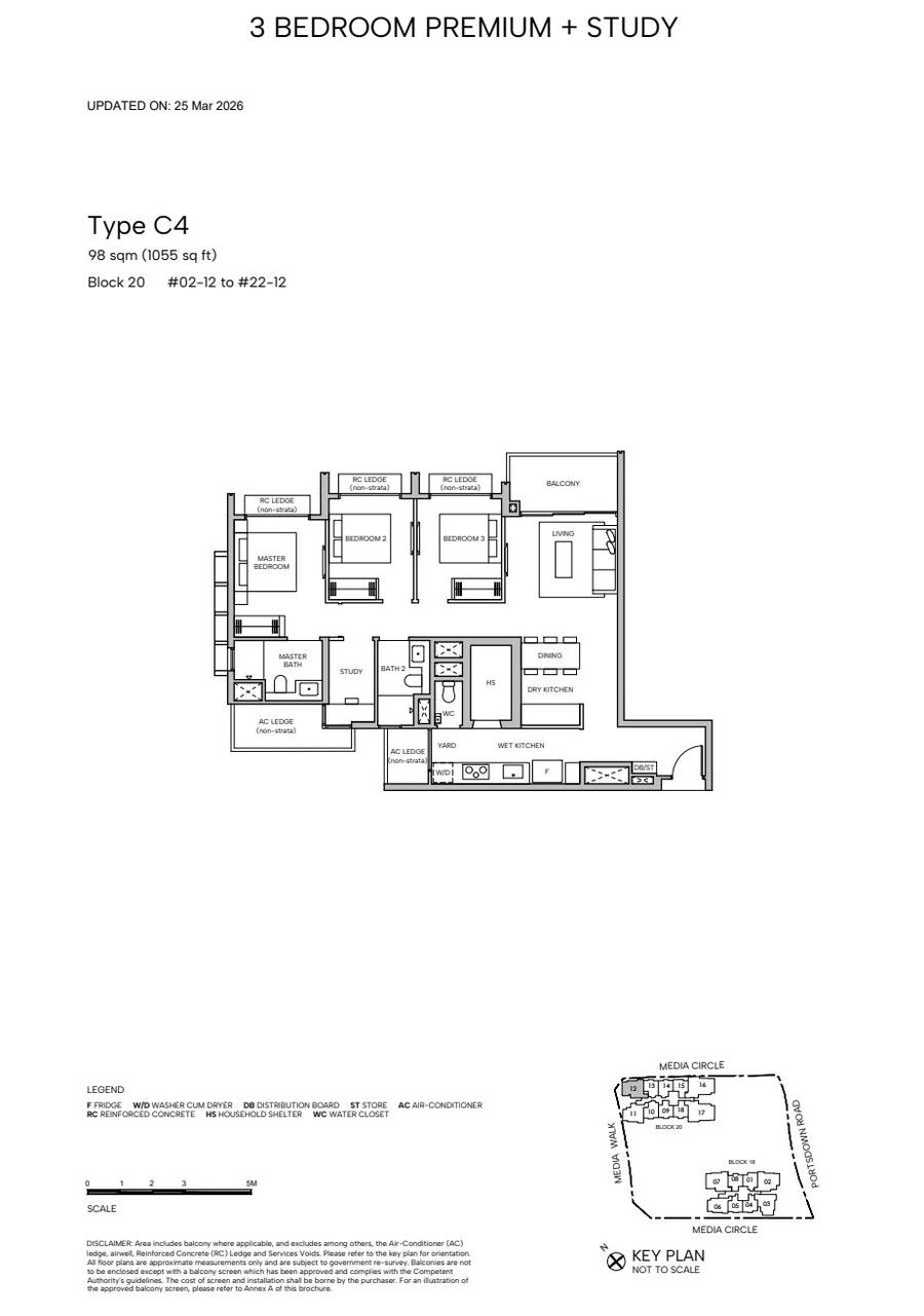 Type C4 3 Bedroom Premium plus Study floor plan, 1055 sqft