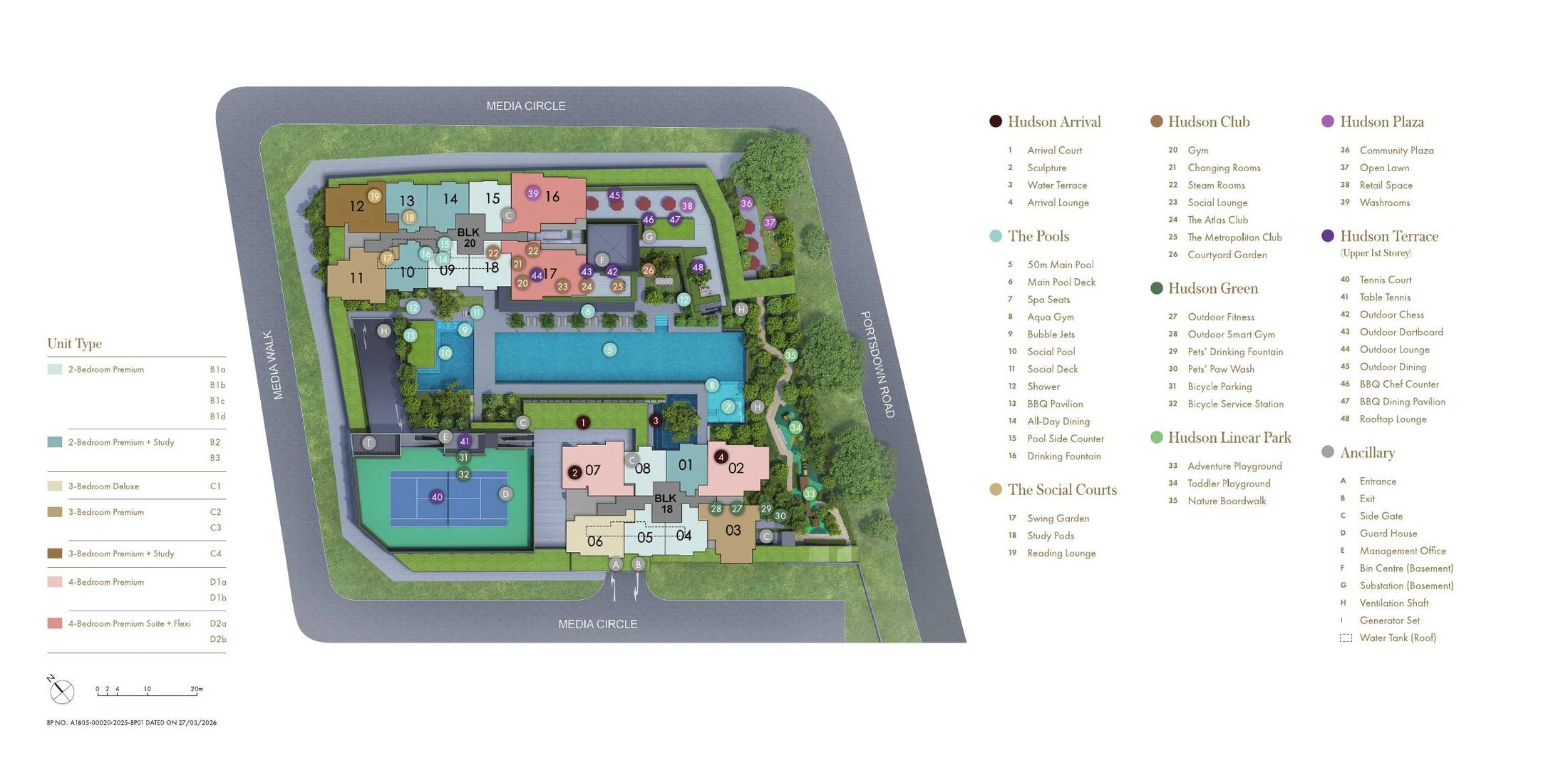 Hudson Place Residences site plan showing Blocks 18 and 20, the 50m main pool, tennis court and landscaped zones, with full facilities legend and unit type key
